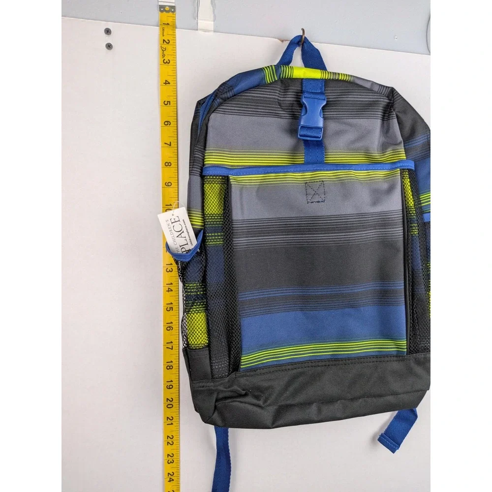 The Childrens Place Boys Striped Backpack Blue Grey Lime Green School Bag NWT